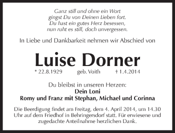 Traueranzeige von Luise Dorner von Pegnitz-Zeitung
